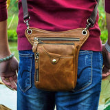 Light brown men's Genuine Leather Outdoor Sporting Hiking Waist Hip Pack Messenger Shoulder Drop Leg Thigh Bag Pouches