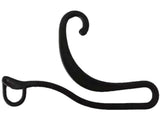 3 brown socks with plastic large hanging hooks, female socks with dragon hooks, male socks with large curved hooks, geometric irregular hanging hooks, sock hooks