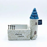 Mini French Country Tower House Planter with Blue-Tiled Tower – Handcrafted Resin Succulent Pot with Drainage, Decor for Desk, Patio, Windowsill & Shelf