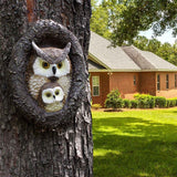Owl with Tree Hole Statue – Weather-Resistant Resin Garden Decor with Natural Bark Texture – Outdoor Wall Hanging Ornament for Yard, Patio, and Forest Theme Decoration