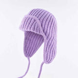 Women Plain Aviator Hat with Earflaps Purple