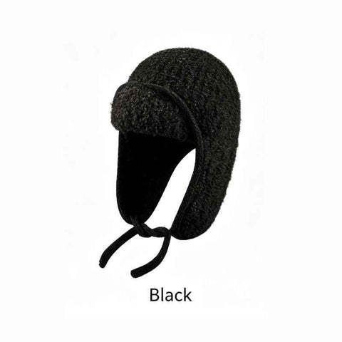 Women Sherpa Aviator Beanie - Warm Earflap Knit Hat Black
