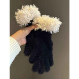 Women Winter Faux Mink Spliced Five-Finger Gloves Black