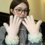 Women Winter Faux Mink Spliced Five-Finger Gloves Green