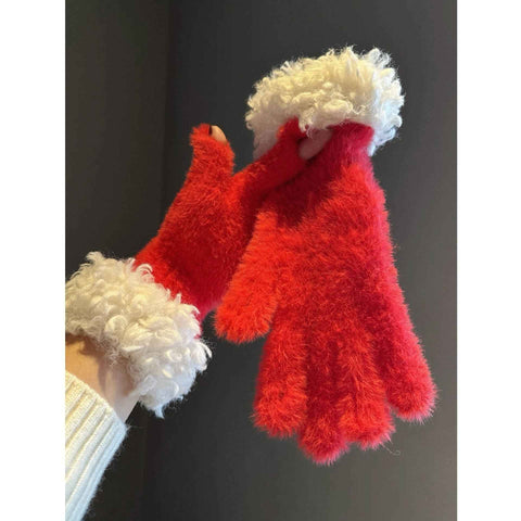 Women Winter Faux Mink Spliced Five-Finger Gloves Red