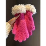 Women Winter Faux Mink Spliced Five-Finger Gloves Rose Red