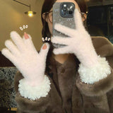 Women Winter Faux Mink Spliced Five-Finger Gloves Rose Red
