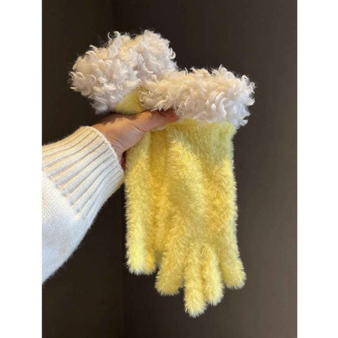 Women Winter Faux Mink Spliced Five-Finger Gloves Yellow