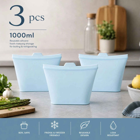 3 Pack Food-Grade Silicone Food Storage Bags, Light Blue, 1000ml In Australia - Darrahopens