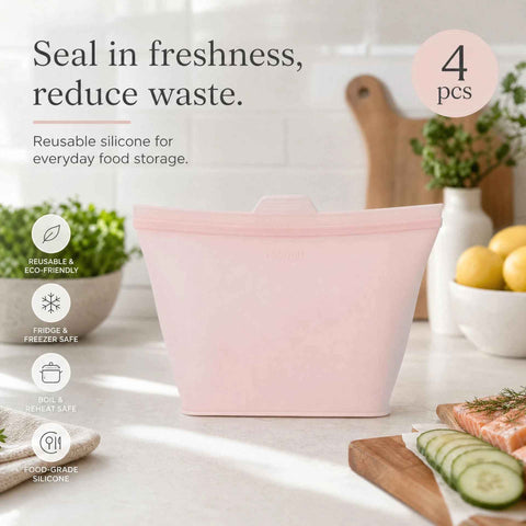 4 Pack Food-Grade Silicone Food Storage Bags, Light Pink, 500ml In Australia - Darrahopens