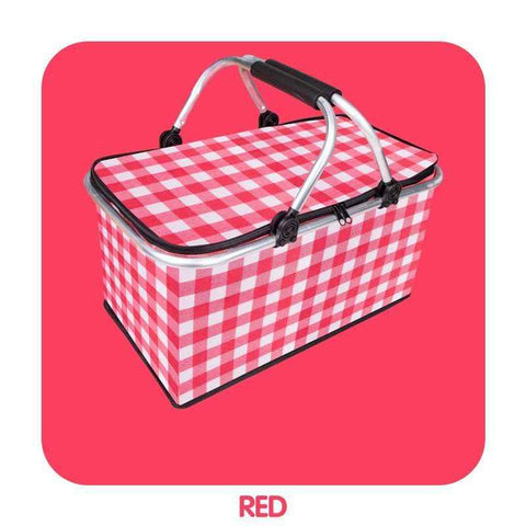 Thickened Foldable Aluminum Foil Insulated Picnic Basket-Red chequered pattern