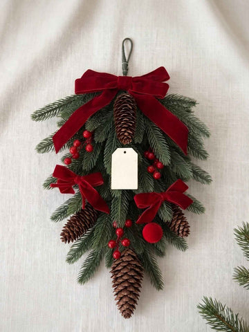 Xmas Teardrop Pine Swag, Red Velvet Bow Wall Door Hanging In Australia - Darrahopens