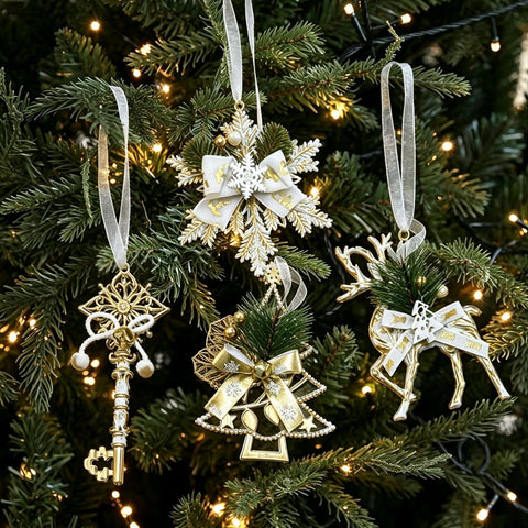 4pk Assorted White Gold Xmas Ornaments (Tree/Reindeer/Snowflake/Key) In Australia - Darrahopens