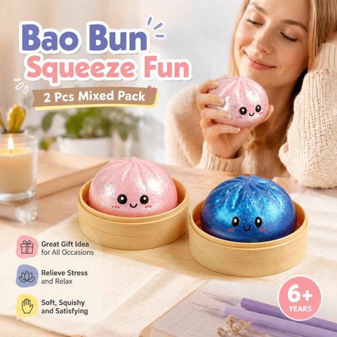 Stress Relief Duo Glitter Pink & Glitter Blue Bun Squishy 2 Pack, Trendy Gift Set In Australia - Darrahopens