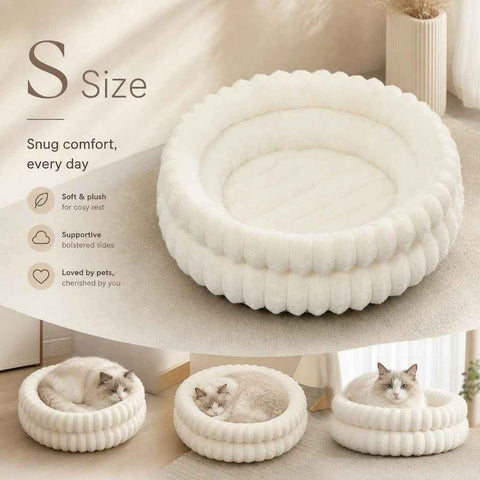 Thick Plush Round Pet Sleeping Bed, Cream Faux Rabbit Fur S Size, Gentle Calming Design In Australia - Darrahopens