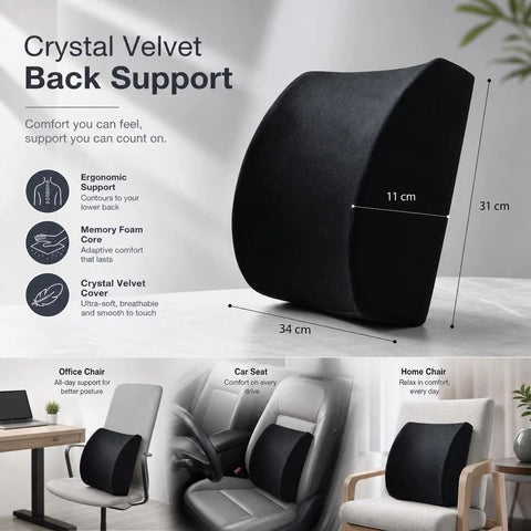 Soft Crystal Velvet Waist Support 45x36x7, Black Memory Foam, Gentle Back Cushion