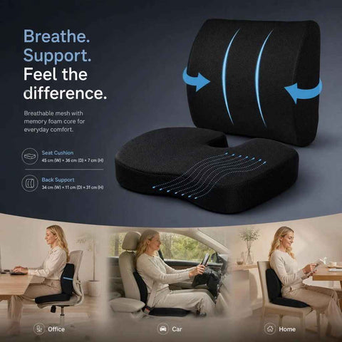 Mesh Black Seat & Lumbar Cushion Set 45x36x7, Full Body Sitting Support Gift In Australia - Darrahopens