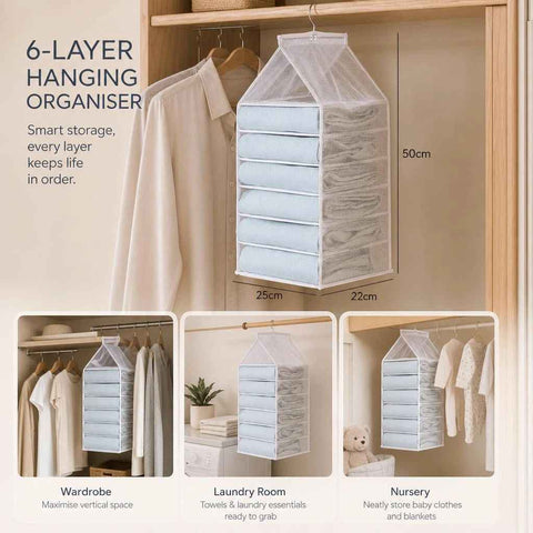 Oversize PVC Wall Hanging Clothes Caddy, 6 Slot Layered Wardrobe Organiser For Pants & Tops, Snow White In Australia - Darrahopens