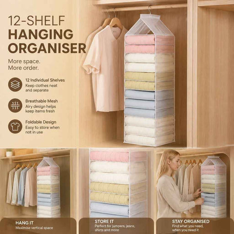 Extra Large PVC Hanging Layered Clothes Storage Caddy, 12 Compartment Wardrobe Divider, Snow White In Australia - Darrahopens