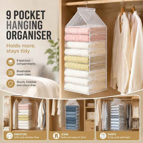 High Capacity PVC Wardrobe Hanging Sack, 9 individual compartments for organised pants storage, neutral Dusk Grey In Australia - Darrahopens
