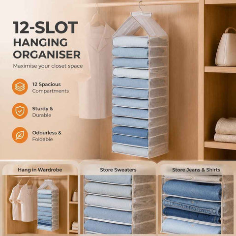 Max Size PVC Wardrobe Suspended Storage Caddy, 12 independent compartments for full apparel sorting, muted Dusk Grey In Australia - Darrahopens