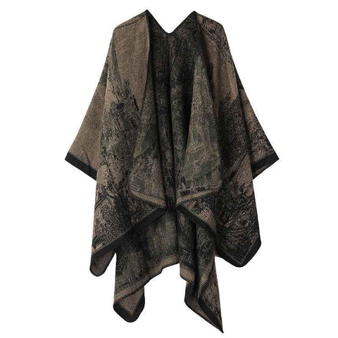Soft Faux Cashmere Knit Poncho Shawl For Daily Styling, Realistic Landscape Pattern, Black Brown Green In Australia - Darrahopens