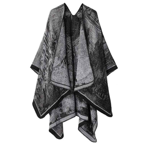 Comfort Knitted Faux Cashmere Poncho, Artistic Realistic Landscape Motif, Charcoal Grey In Australia - Darrahopens