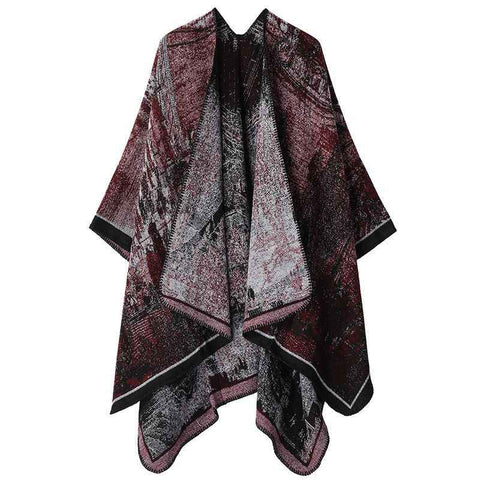 Warm Outerwear Knit Poncho, Realistic Landscape Graphic, Rich Black Red Tones In Australia - Darrahopens