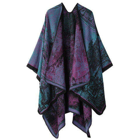 Elegant Faux Cashmere Knit Wrap, Delicate Realistic Landscape Pattern, Purple Cyan In Australia - Darrahopens