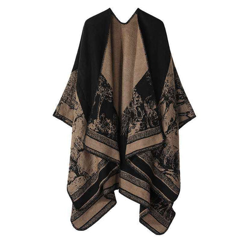 Versatile Layering Faux Cashmere Wrap, Subtle Forest Deer Print, Warm Black Camel In Australia - Darrahopens