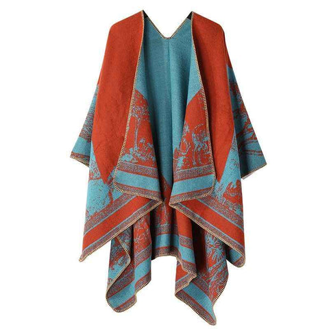 Stylish Knitted Outer Shawl, Playful Forest Deer Motif, Bright Rust Orange Red In Australia - Darrahopens