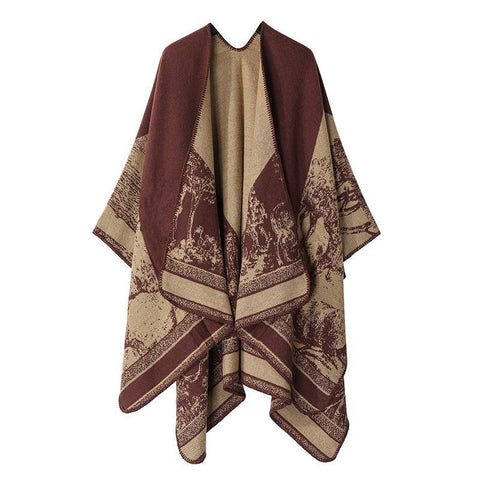 Cozy Daily Faux Cashmere Poncho, Classic Forest Deer Pattern, Deep Jujube Red In Australia - Darrahopens