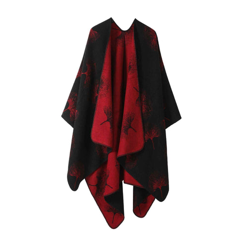 Light Layering Knit Cape, Clear Ginkgo Leaf Print, Vivid Bright Red Hue In Australia - Darrahopens