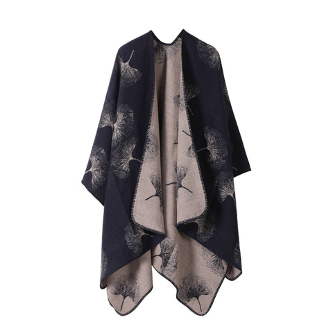 Premium Faux Cashmere Styling Wrap, Elegant Ginkgo Leaf Motif, Deep Navy Blue In Australia - Darrahopens