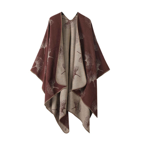 Daily Wear Knitted Poncho, Vintage Ginkgo Leaf Pattern, Mellow Coffee Brown In Australia - Darrahopens