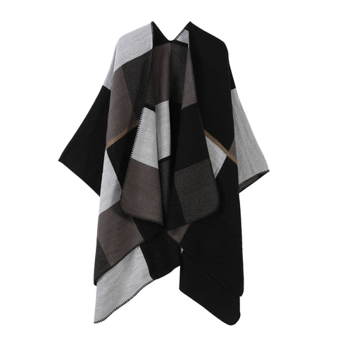 Simple Daily Faux Cashmere Cape, Geometric Square Block Colour Pattern, Black In Australia - Darrahopens