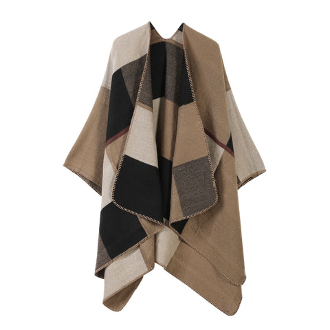All-season Knit Outfit Wrap, Neat Block Square Colour Matching, Khaki In Australia - Darrahopens