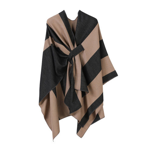 Textured Faux Cashmere Poncho, Distinct Vertical Striped Contrast Trim, Black Camel In Australia - Darrahopens