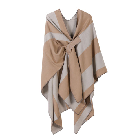 Multi-scene Knit Cape, Classic Vertical Contrast Striped Trim, Khaki In Australia - Darrahopens