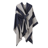Elegant Knitted Poncho, Deep Tone Vertical Contrast Stripes, Navy In Australia - Darrahopens