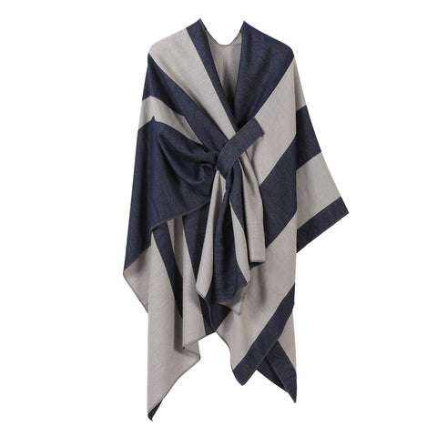 Elegant Knitted Poncho, Deep Tone Vertical Contrast Stripes, Navy In Australia - Darrahopens