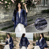 Artistic Faux Cashmere Outfit Cape, Soft Cloud & Carp Print, Navy Blue In Australia - Darrahopens
