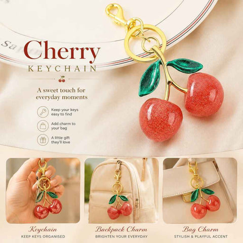 Gentle Pink Cherry Keyring paired with dual green leaves, full of youthful fresh vibes for casual daily matches In Australia - Darrahopens