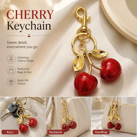 Elegant Red Cherry Bag Charm with double golden leaves, holding lovely little luck to accompany your trips out In Australia - Darrahopens