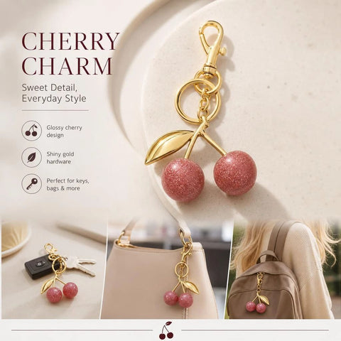 Sweet Pink Cherry Bag Charm with one golden leaf, keeping a light, joyful mood all day long
