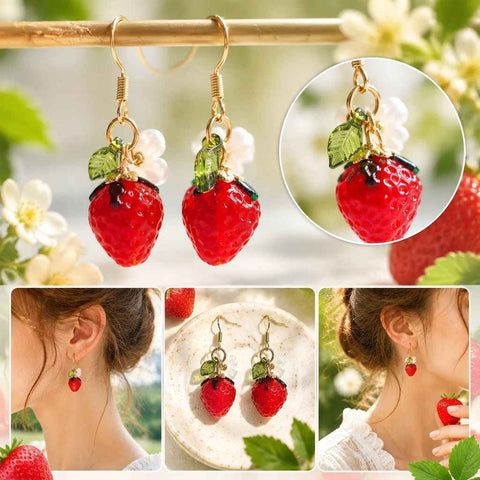 Sweet Botanical Drop Earrings, Clear Strawberry Decor With Single Bloom And Leaf, Pair Set In Australia - Darrahopens