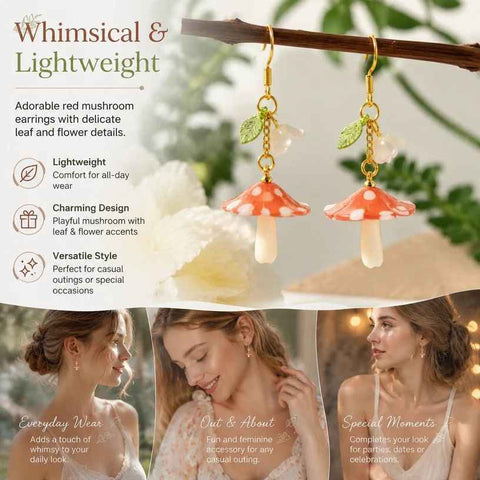 Cute Nature Dangle Earrings, Long-stem Spotted Red Mushroom Single Flower Leaf, One Pair In Australia - Darrahopens
