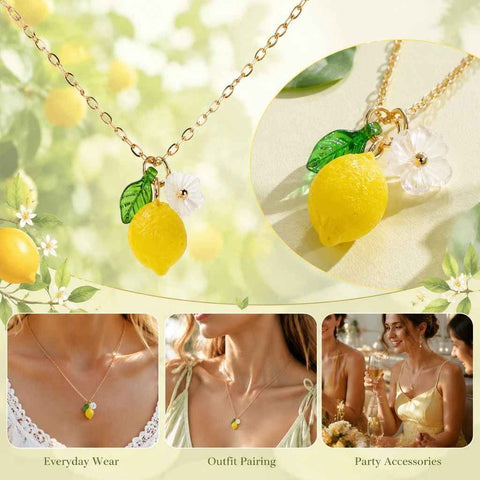 Refreshing Plant-themed Necklace, Transparent Lemon Matched With Single Flower And Leaf