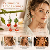 Sweet Harvest Hook Earrings, Two Clear Persimmons With Single Flower Leaf, One Pair