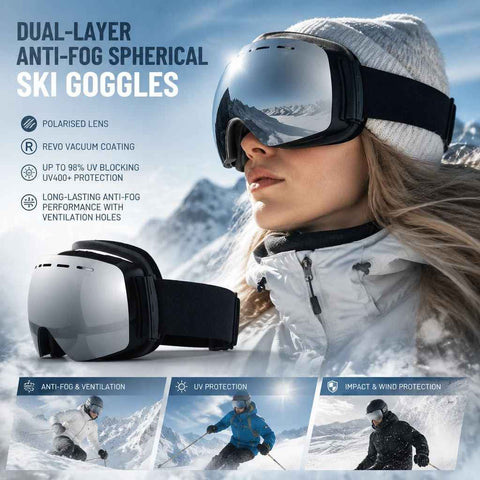 Ideal Winter Ski Gear UV400 Anti-Fog, Black Frame, Mercury Coating Lens + Black White Strap In Australia - Darrahopens